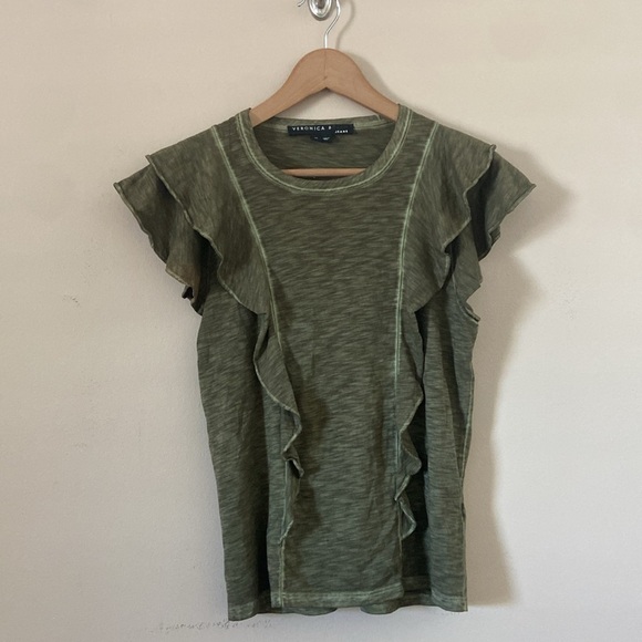 Veronica Beard -Bea Ruffle Tee In Army Green - Picture 2 of 9